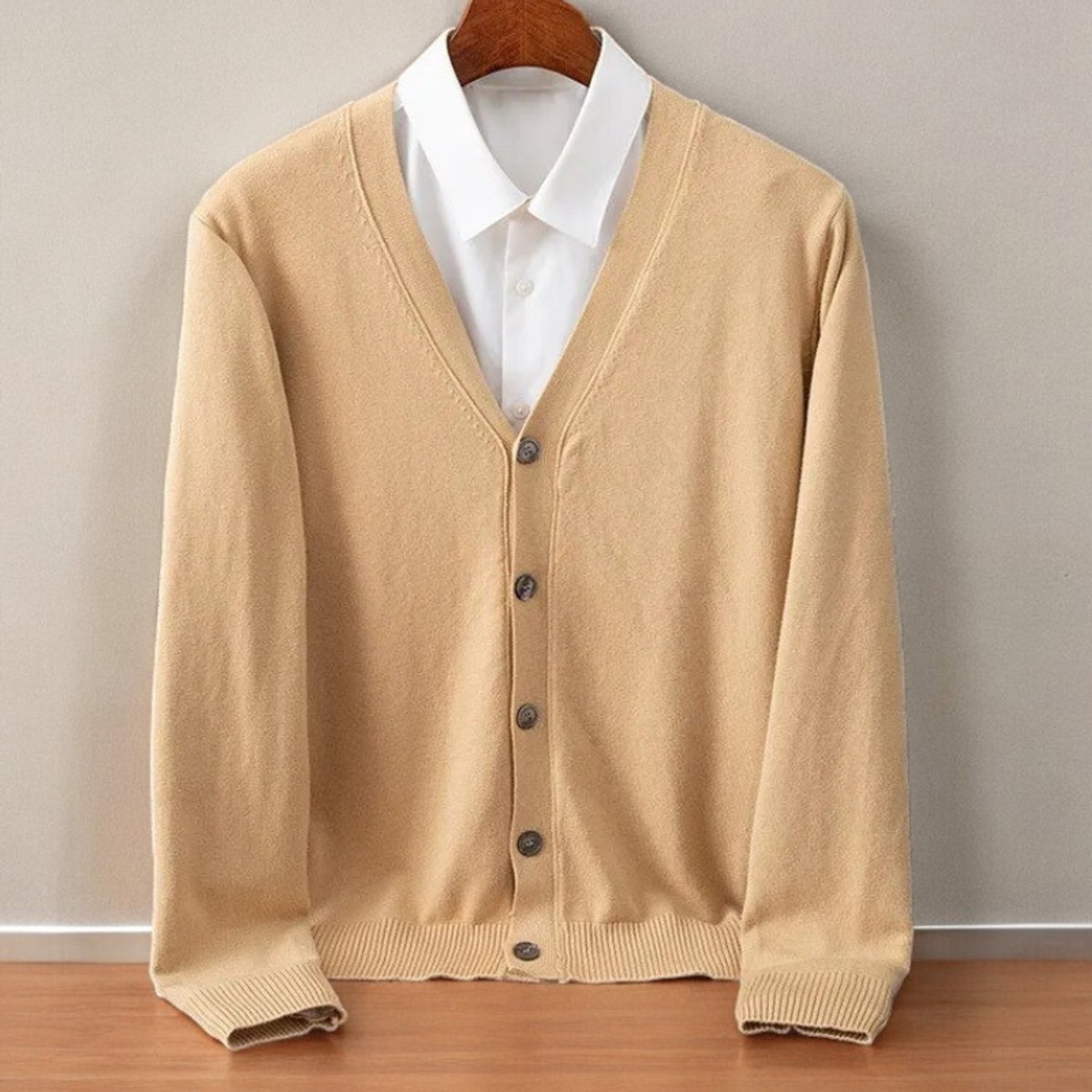 Men's Cashmere Blend V-Neck Button-Up Cardigan Jumper - Camel