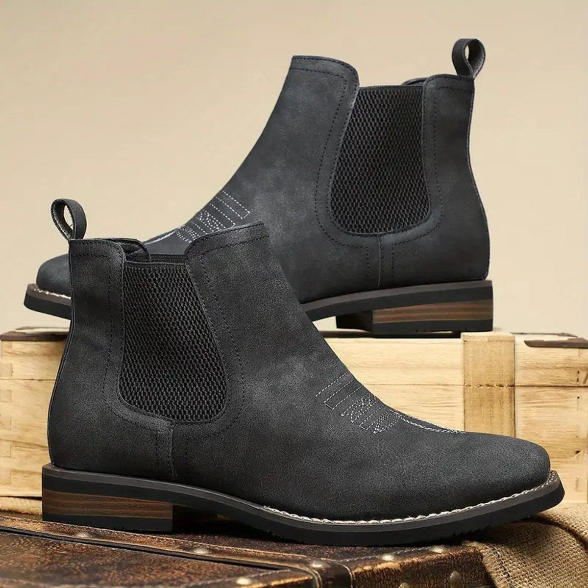 Mens Chelsea Boots Slip-On Western-Stitch Ankle Boot