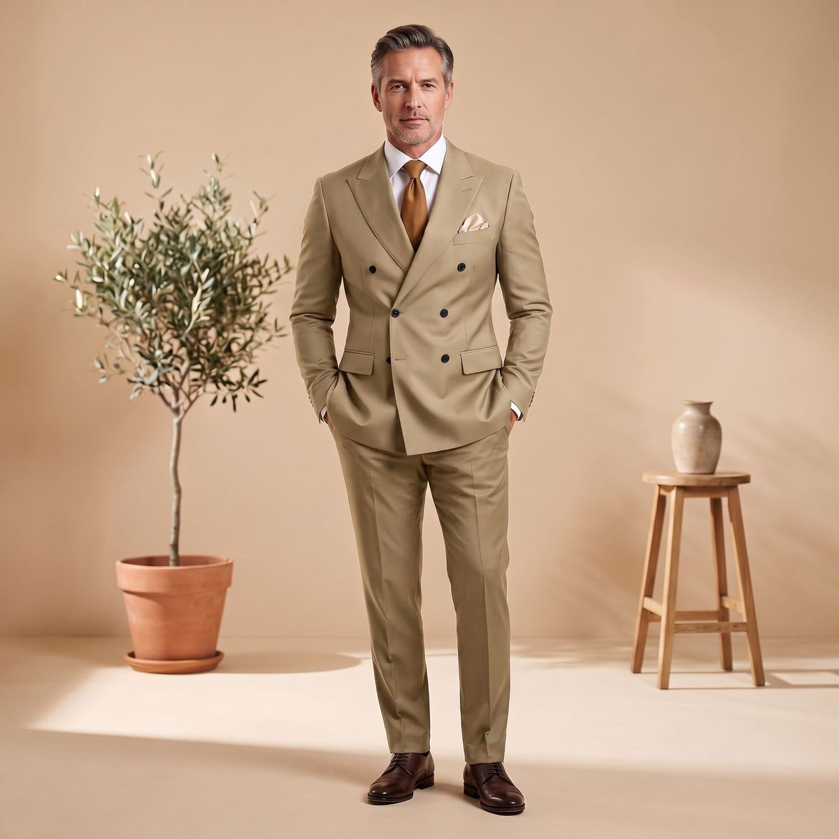 Men's Classic Double-Breasted Tailored Two-Piece Suit - Champagne