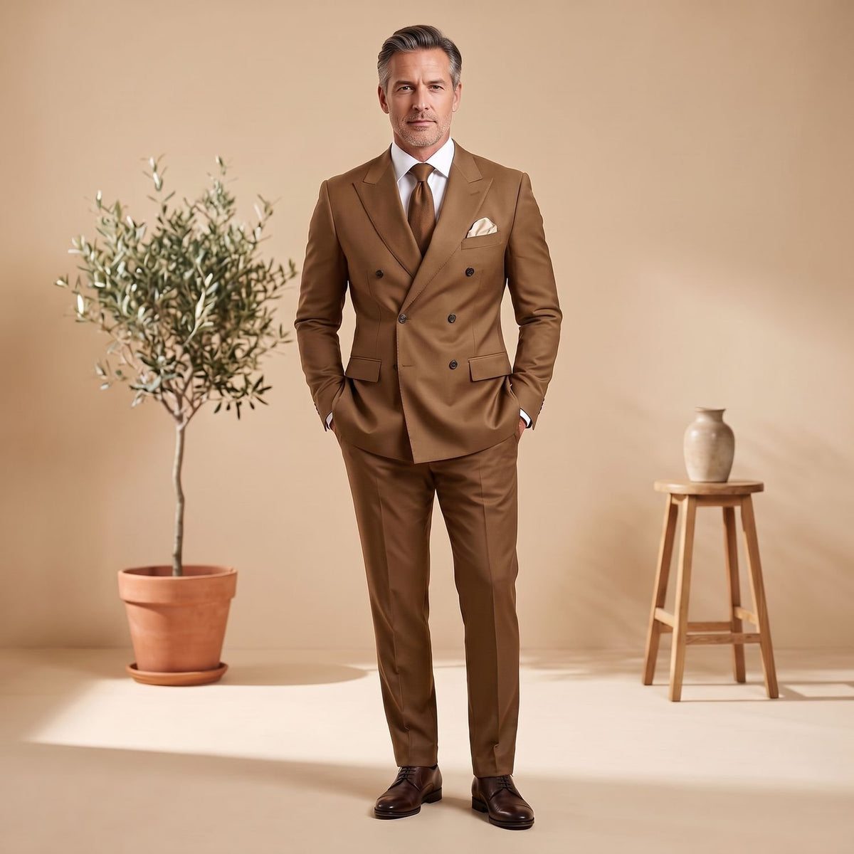 Men's Classic Double-Breasted Tailored Two-Piece Suit - Khaki