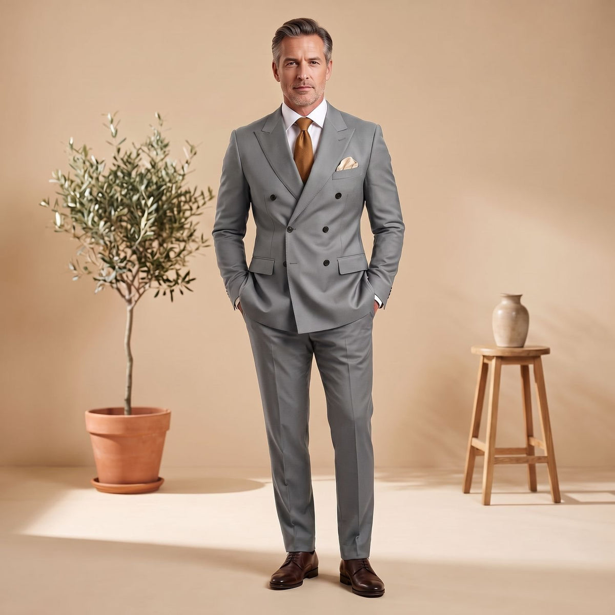 Men's Classic Double-Breasted Tailored Two-Piece Suit - Light Grey