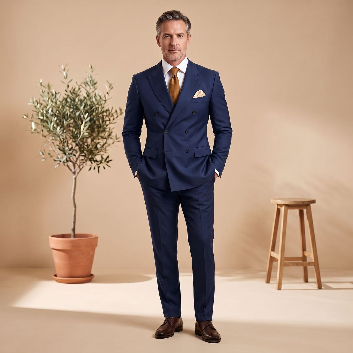 Men's Classic Double-Breasted Tailored Two-Piece Suit - Navy Blue