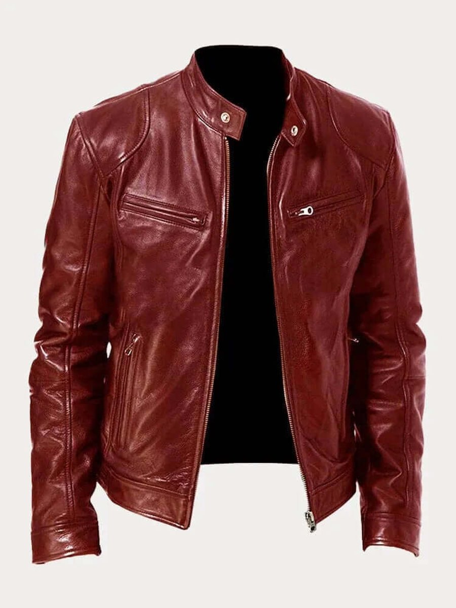 Men's Classic Slim-Fit Biker Leather Jacket - Burgundy