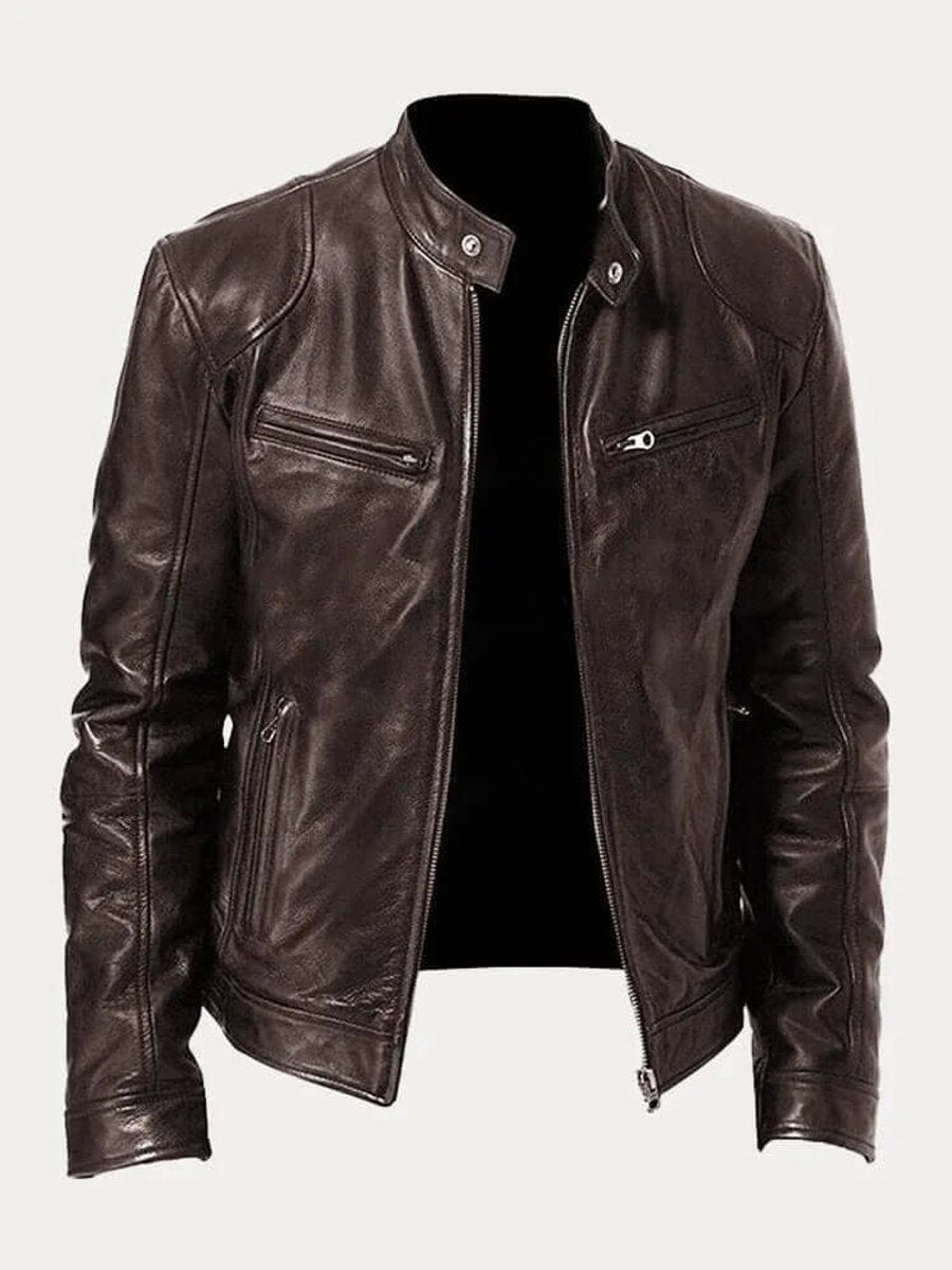 Men's Classic Slim-Fit Biker Leather Jacket - Brown