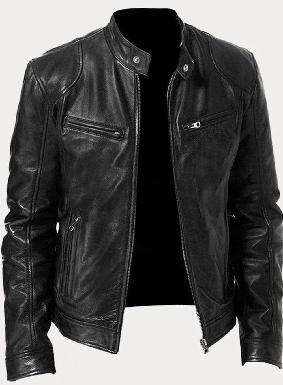 Men's Classic Slim-Fit Zip-Up Moto Style Jacket - Black
