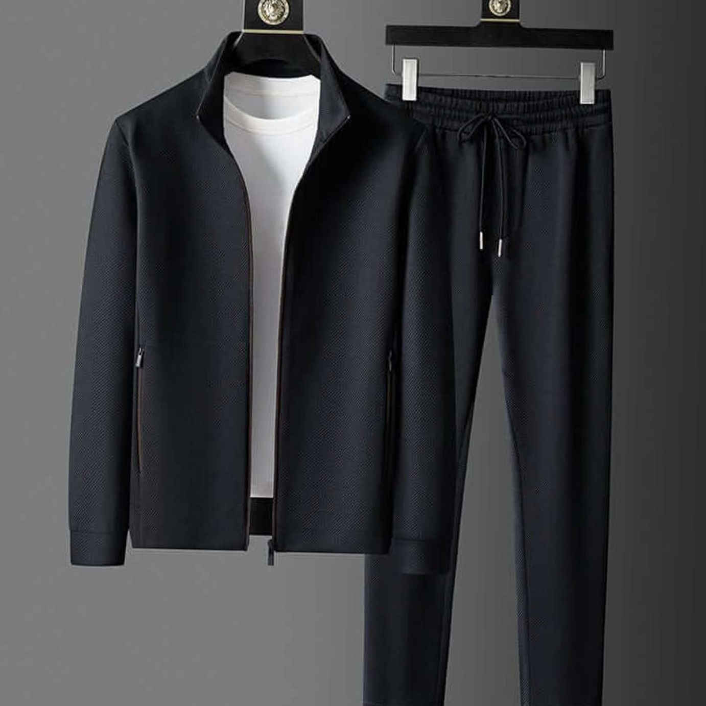 Men's Classic Zip-Up Tapered Activewear Suit Two-Piece Set - Black