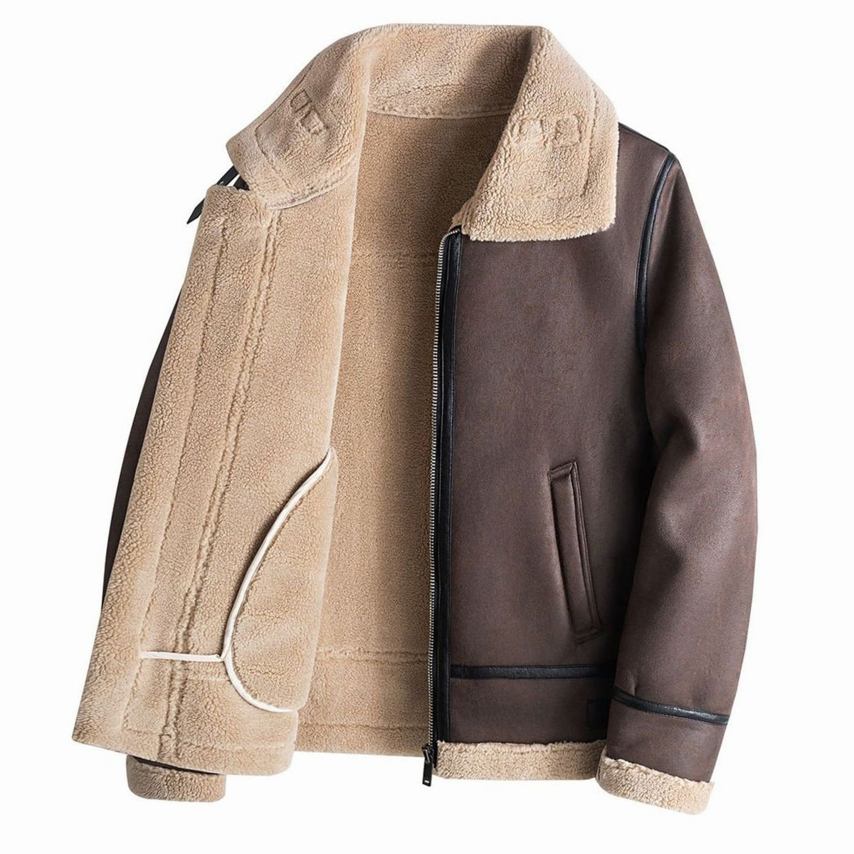 Men's Coats & Jackets Faux Shearling Zip-Up Aviator Jacket - Dark Brown
