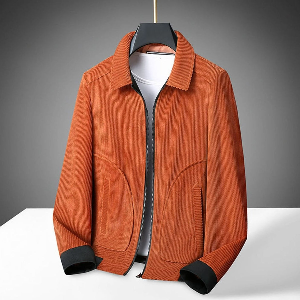 Men's Corduroy Zip-Up Collared Bomber Jacket - Orange