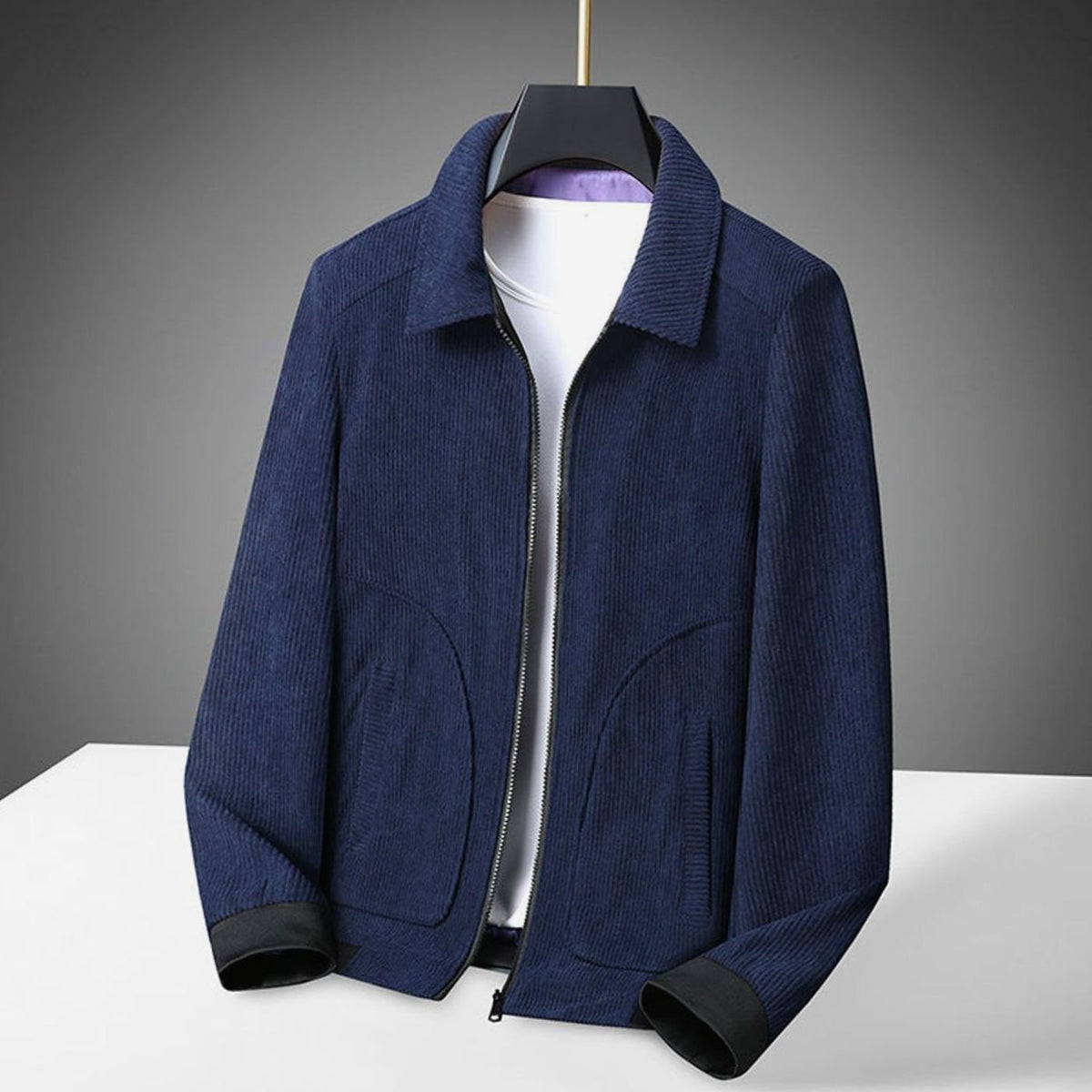 Men's Corduroy Zip-Up Collared Bomber Jacket - Blue