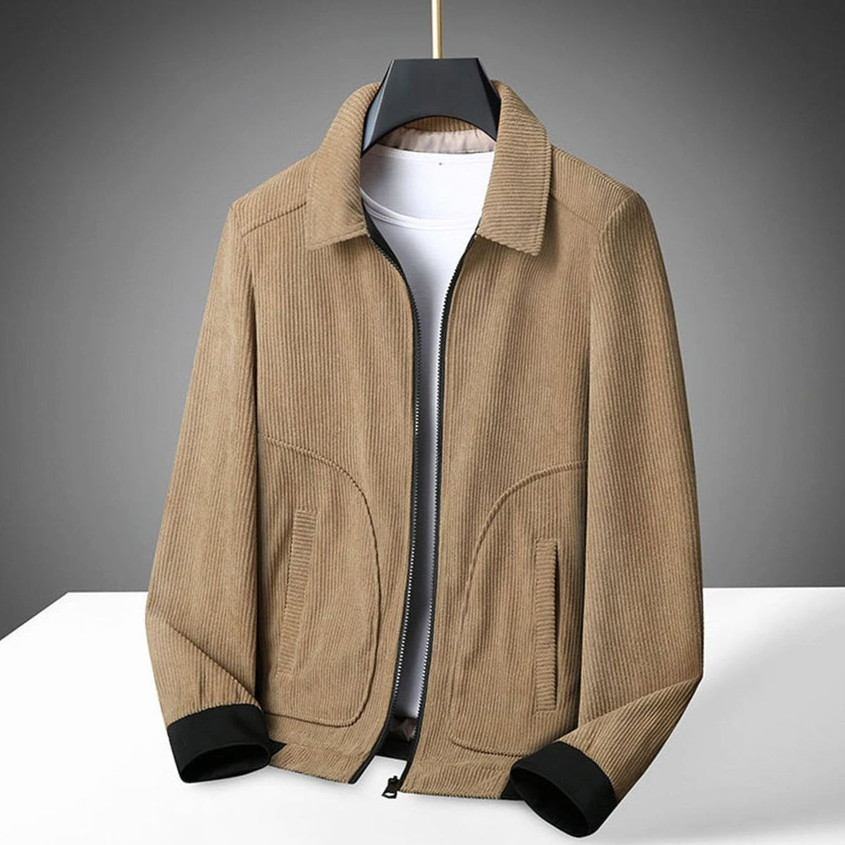 Men's Corduroy Zip-Up Collared Bomber Jacket - Khaki