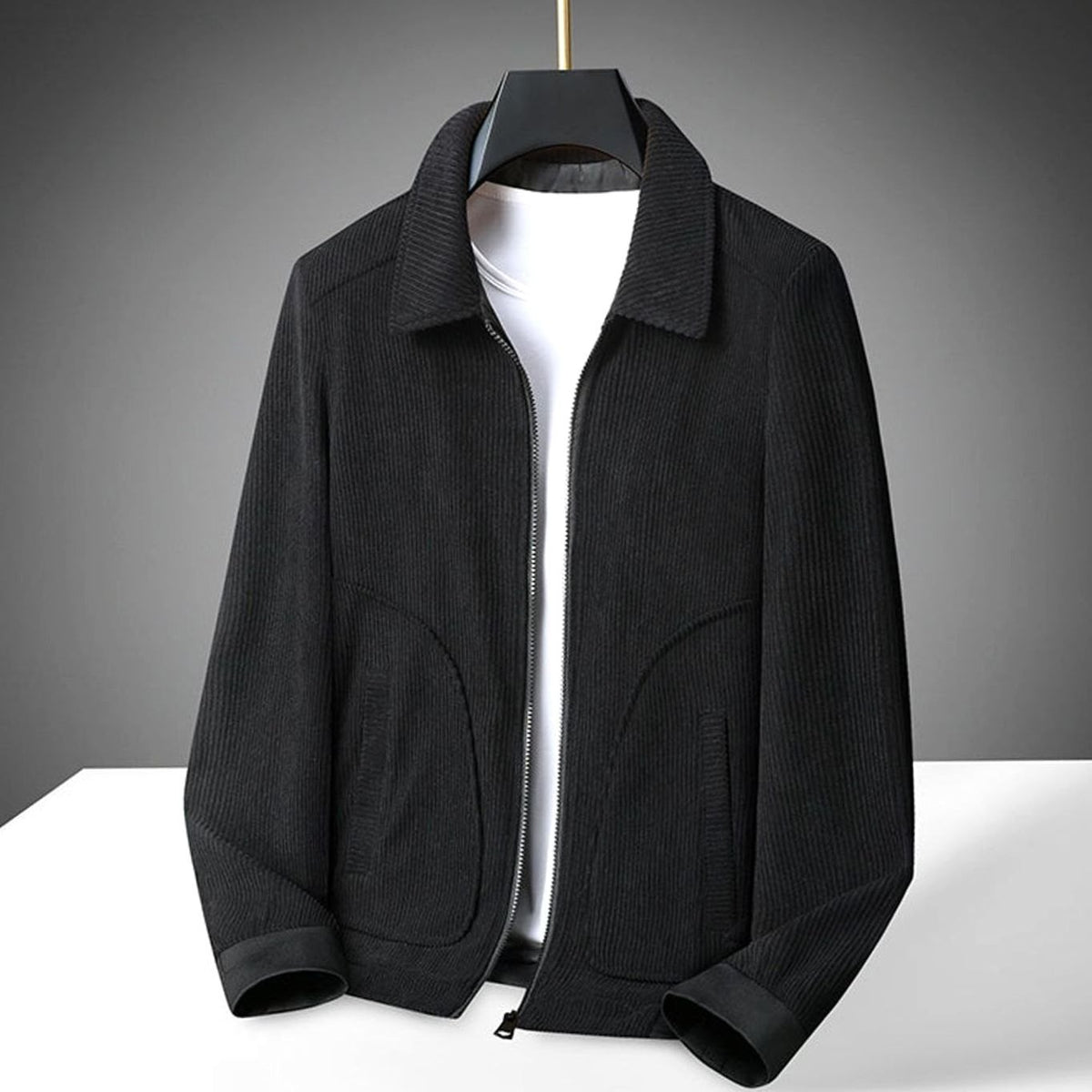 Men's Corduroy Zip-Up Collared Bomber Jacket - Black