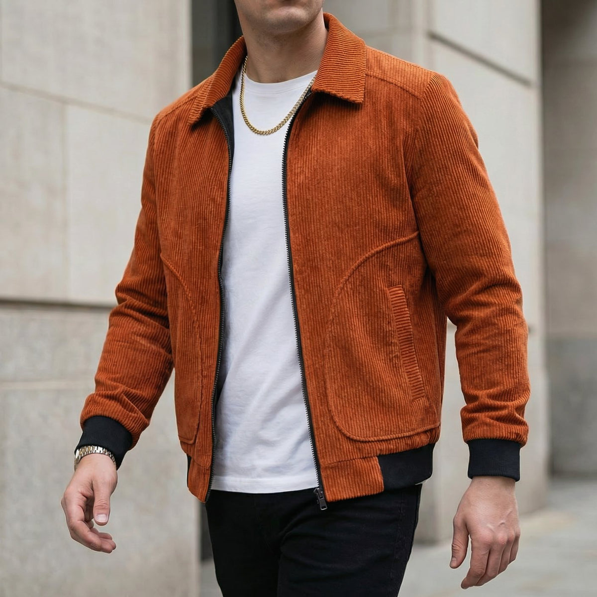 Men's Corduroy Zip-Up Collared Bomber Jacket