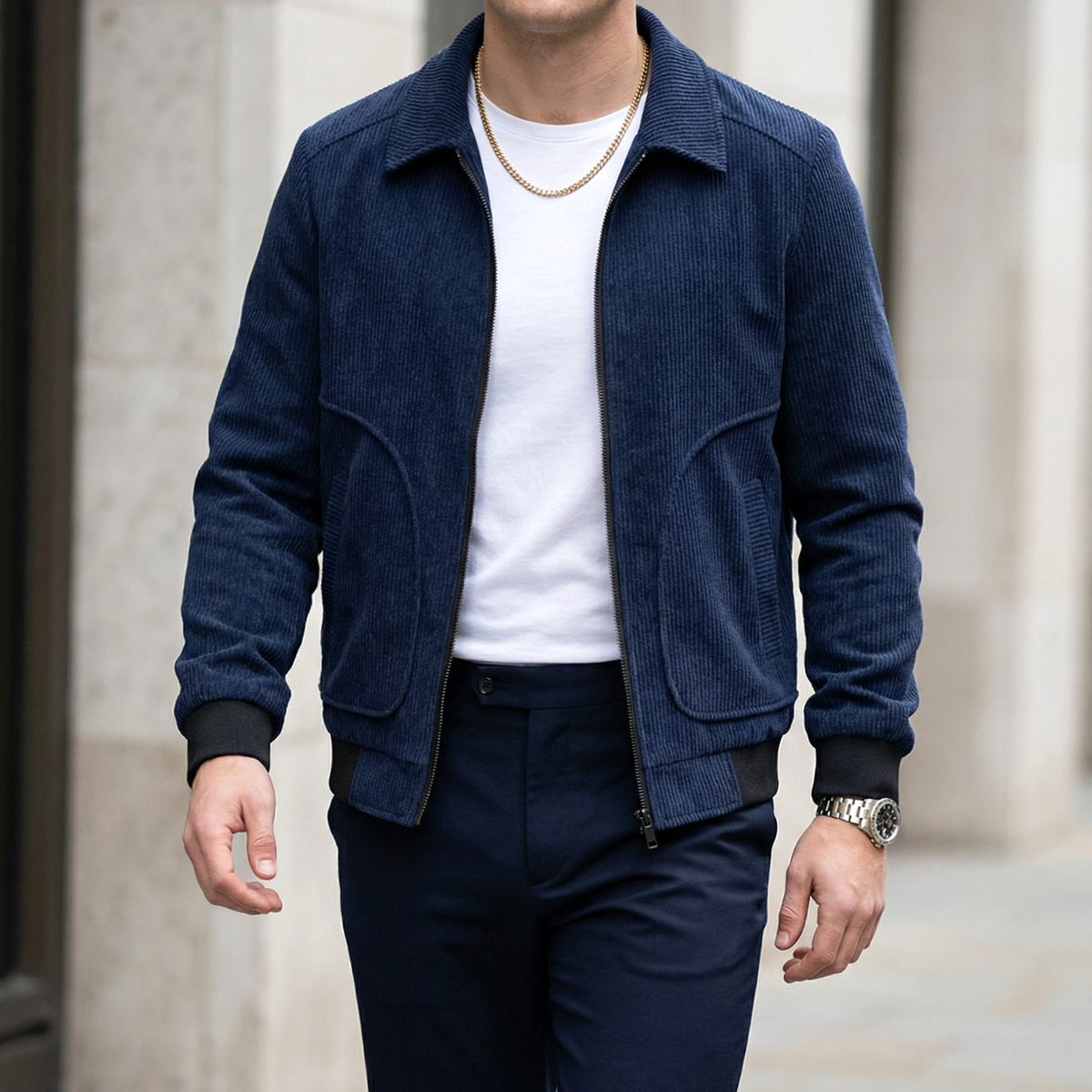 Men's Corduroy Zip-Up Collared Bomber Jacket