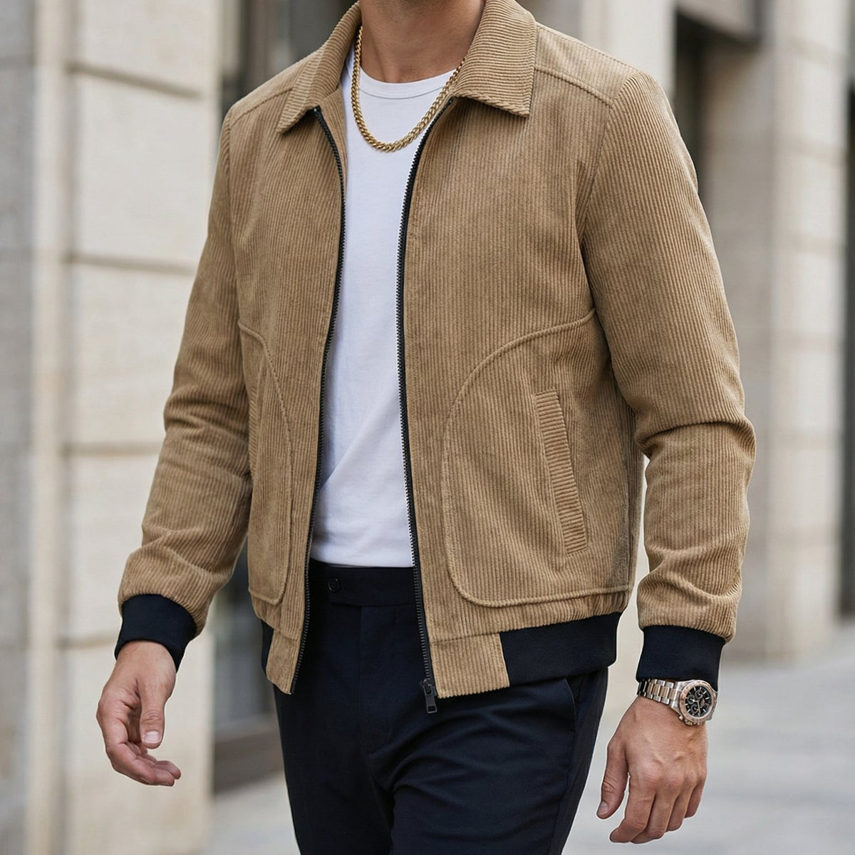 Men's Corduroy Zip-Up Collared Bomber Jacket