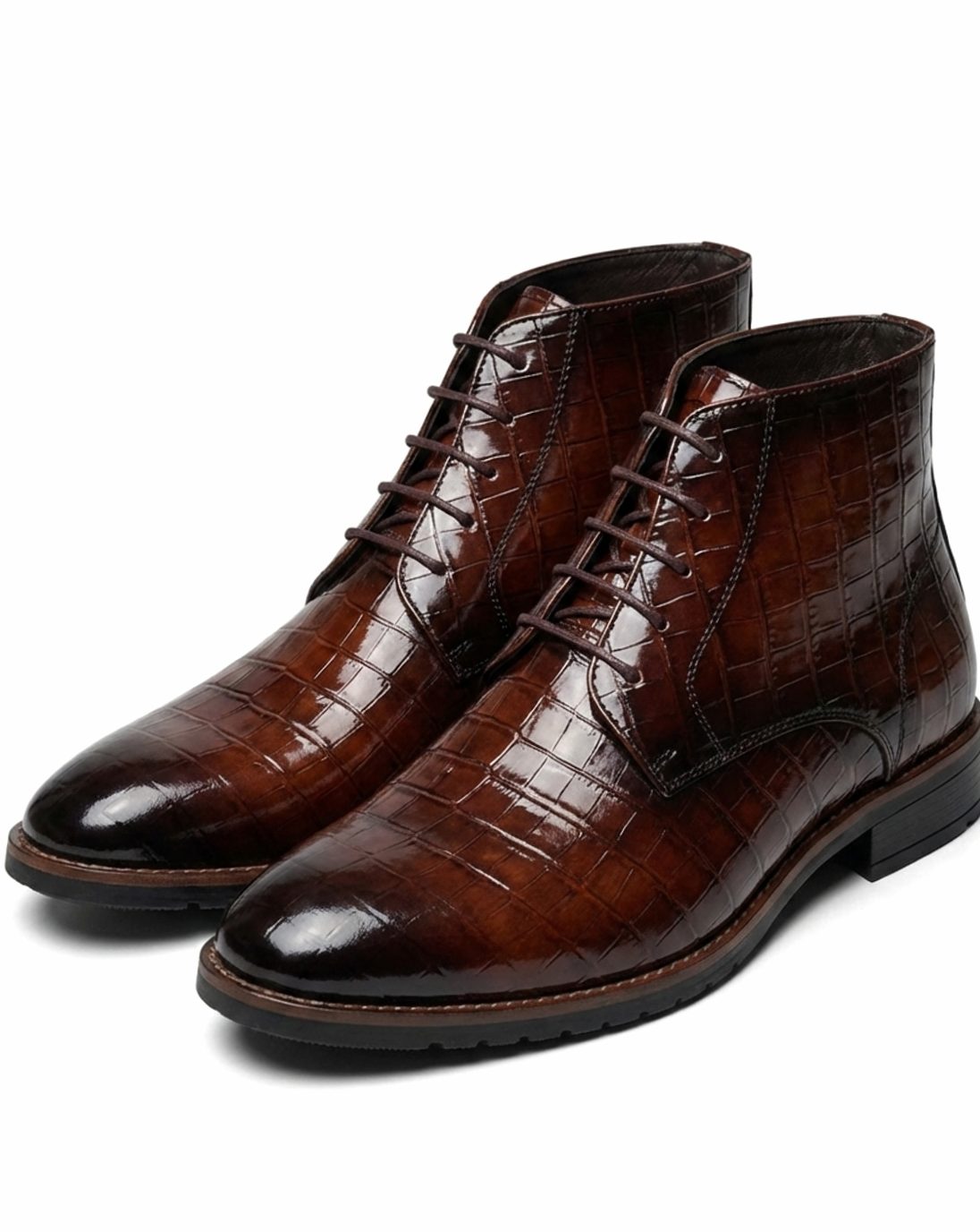 Men's Croc-Embossed Lace-Up Leather Ankle Boots - Dark Brown