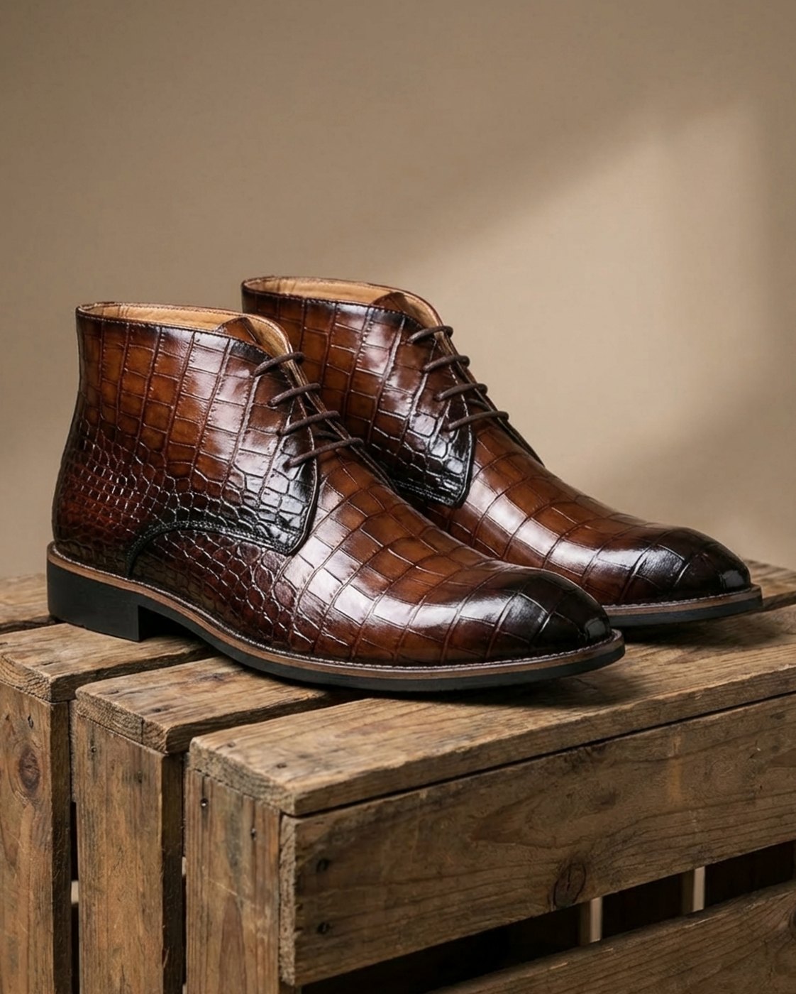 Men's Croc-Embossed Lace-Up Leather Ankle Boots