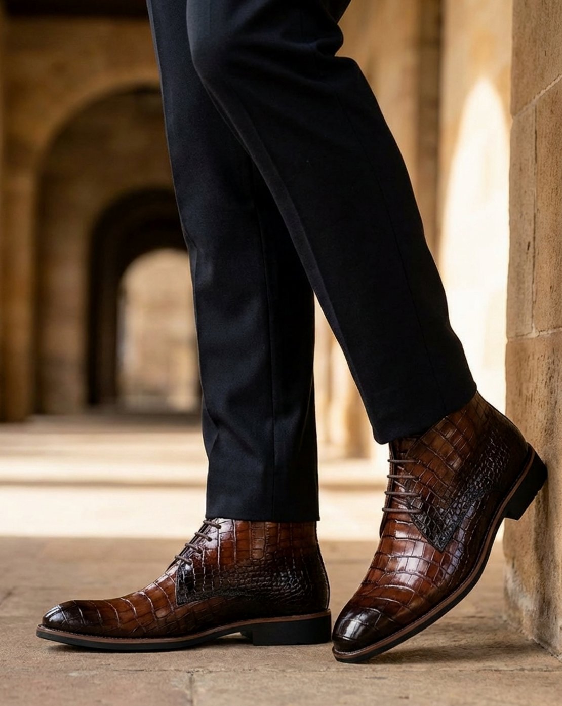 Men's Croc-Embossed Lace-Up Leather Ankle Boots