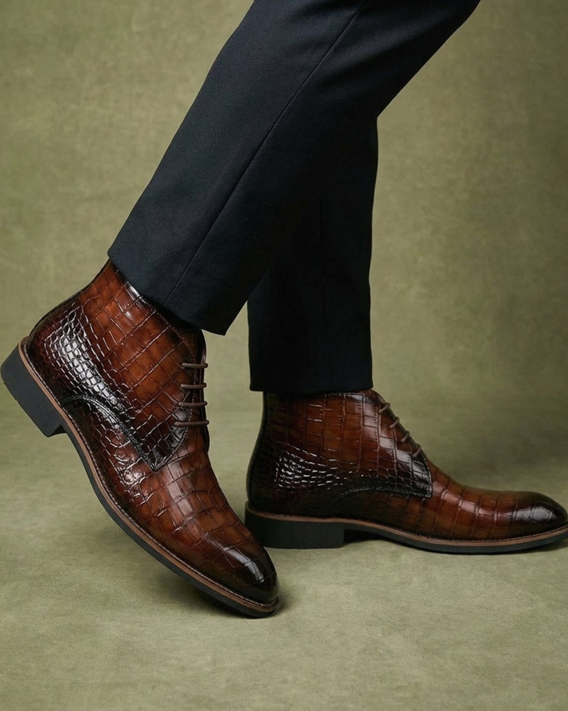 Men's Croc-Embossed Lace-Up Leather Ankle Boots