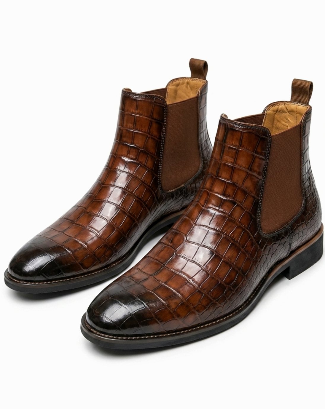 Men's Croc-Embossed Lace-Up Leather Ankle Boots - Dark Brown