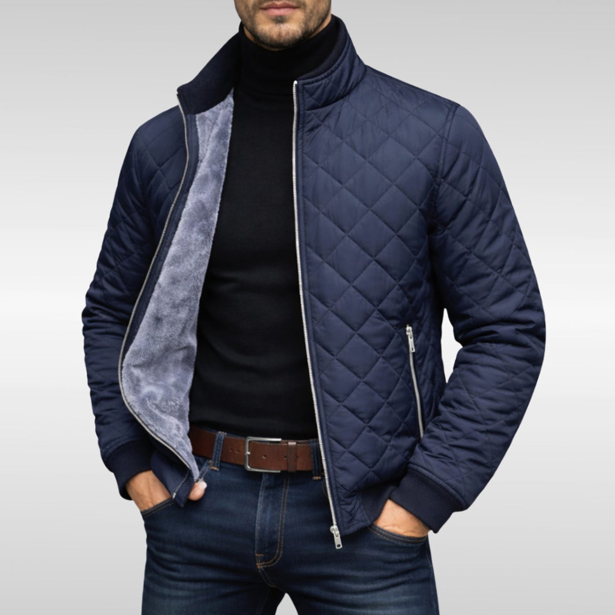 Men's Diamond-Quilted Fleece-Lined Winter Jacket - Navy Blue