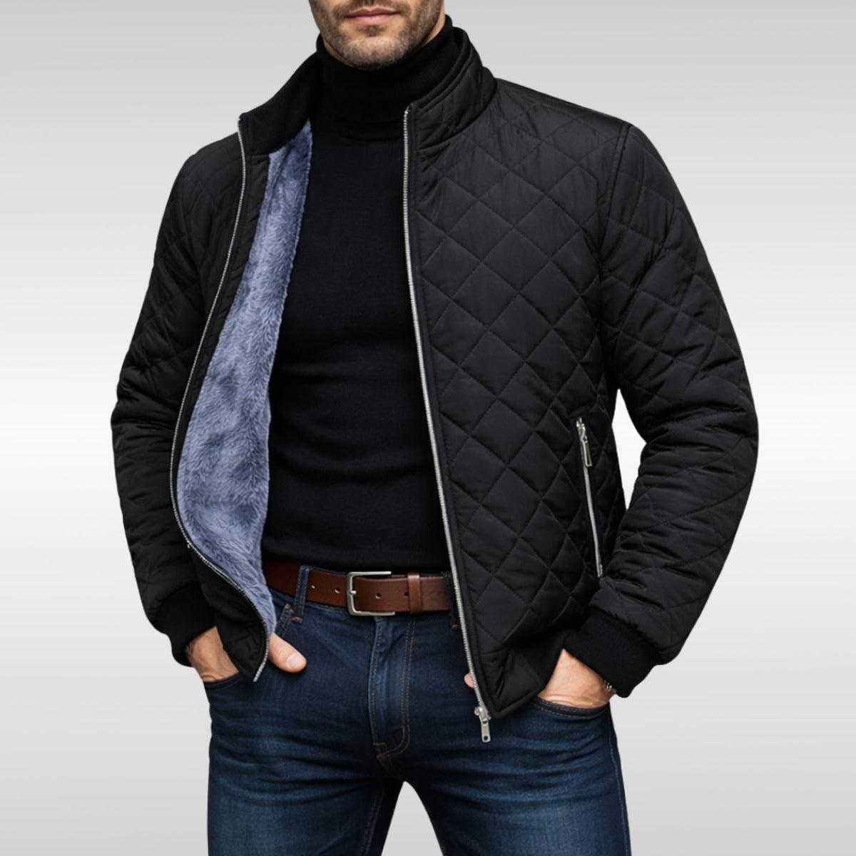 Men's Diamond-Quilted Fleece-Lined Winter Jacket - Black