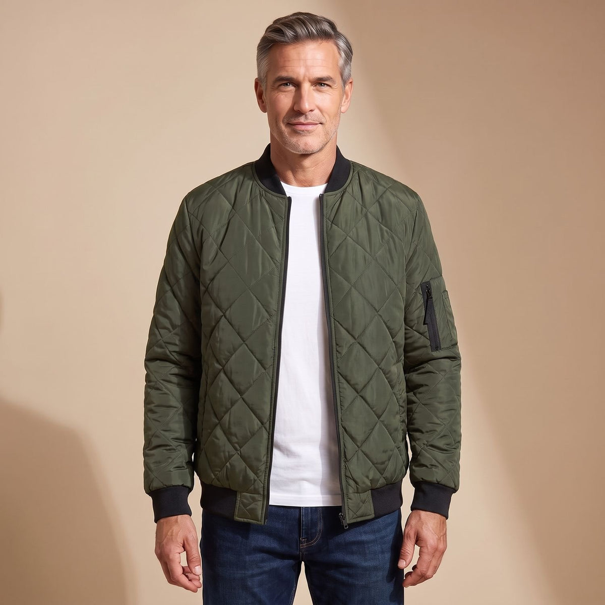 Men's Diamond-Quilted Lightweight Spring Bomber Jacket - Army Green