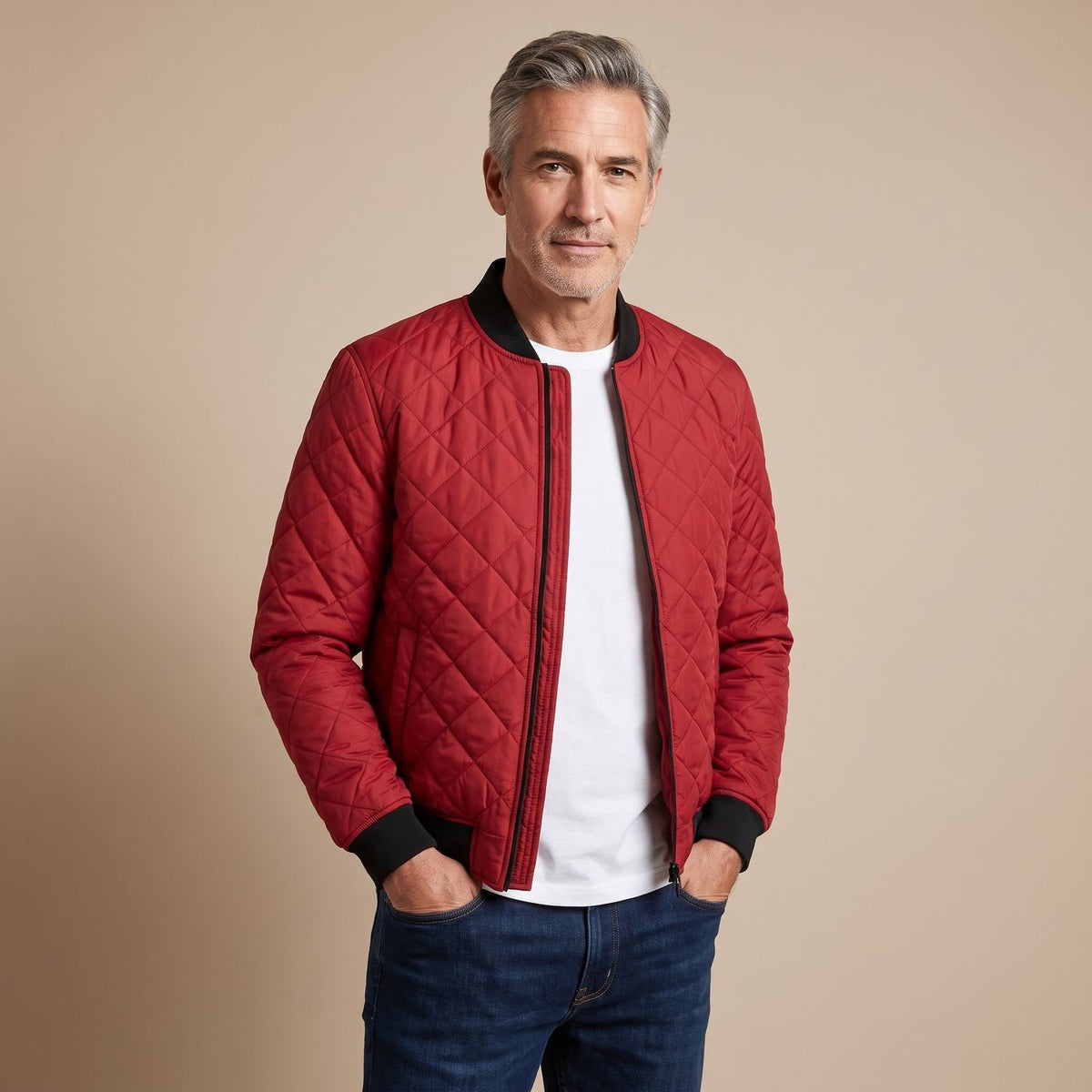 Men's Diamond-Quilted Lightweight Spring Bomber Jacket - Red