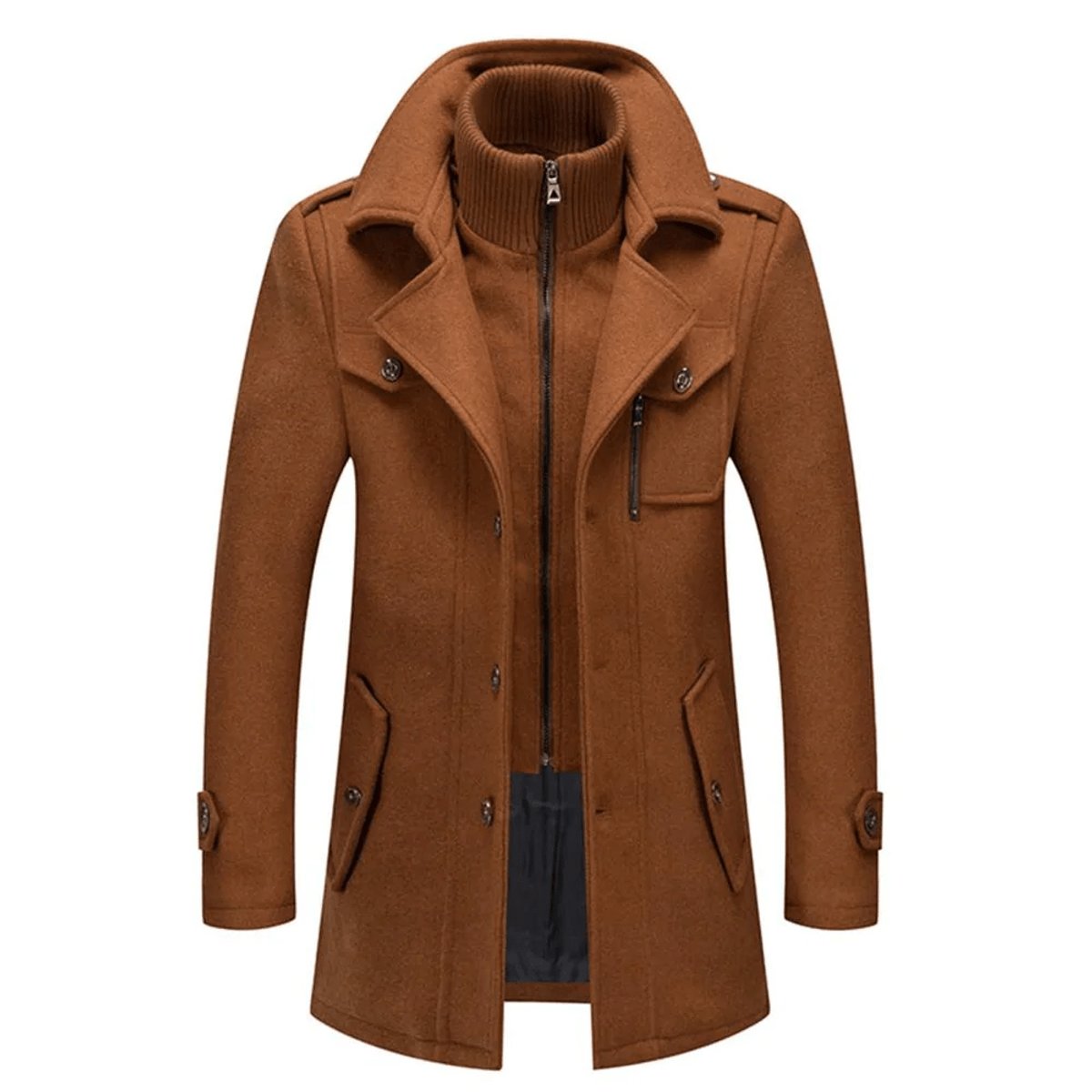 Men's Double-Collar Wool Blend Winter Coat Knit Insert - Brown