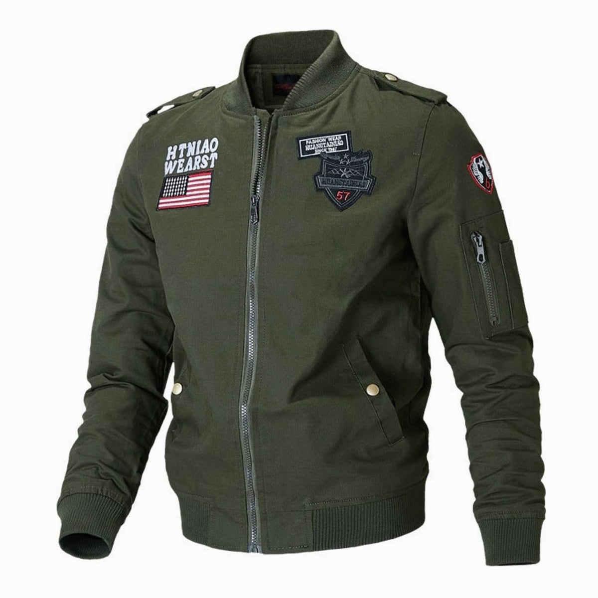 Men's Embroidered Patch Zip-Up Bomber Jacket with Pockets