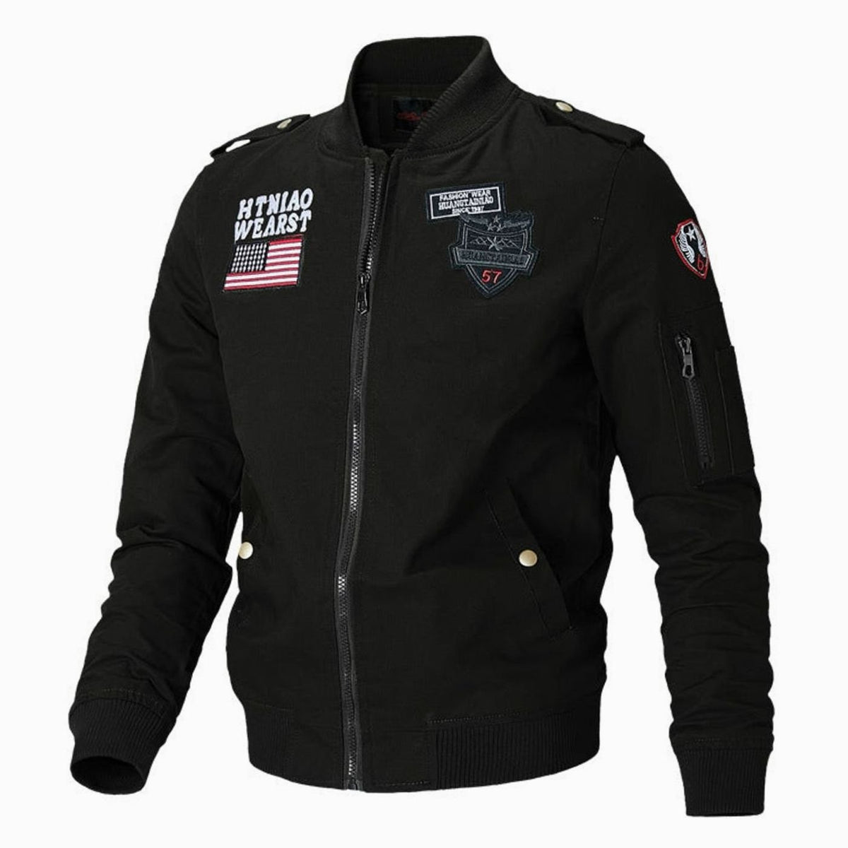 Men's Embroidered Patch Zip-Up Bomber Jacket with Pockets