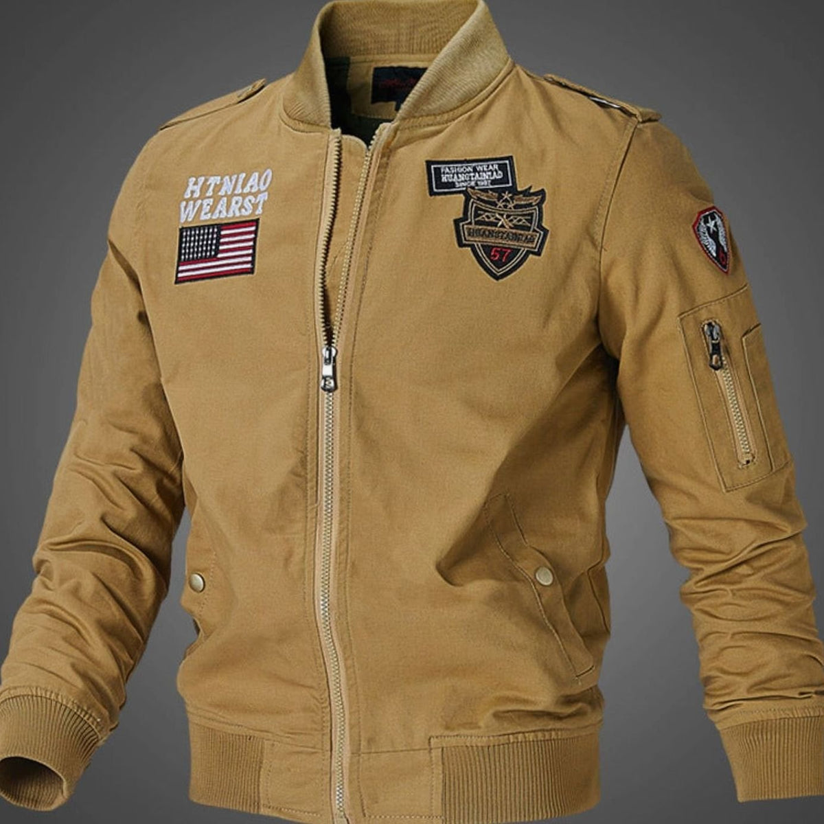 Men's Embroidered Patch Zip-Up Bomber Jacket with Pockets - Dark Khaki