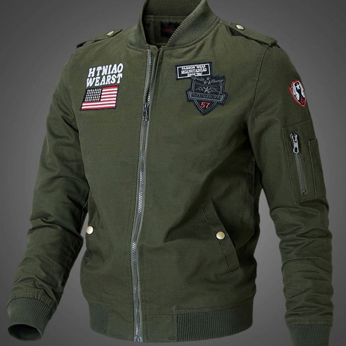 Men's Embroidered Patch Zip-Up Bomber Jacket with Pockets - Army Green