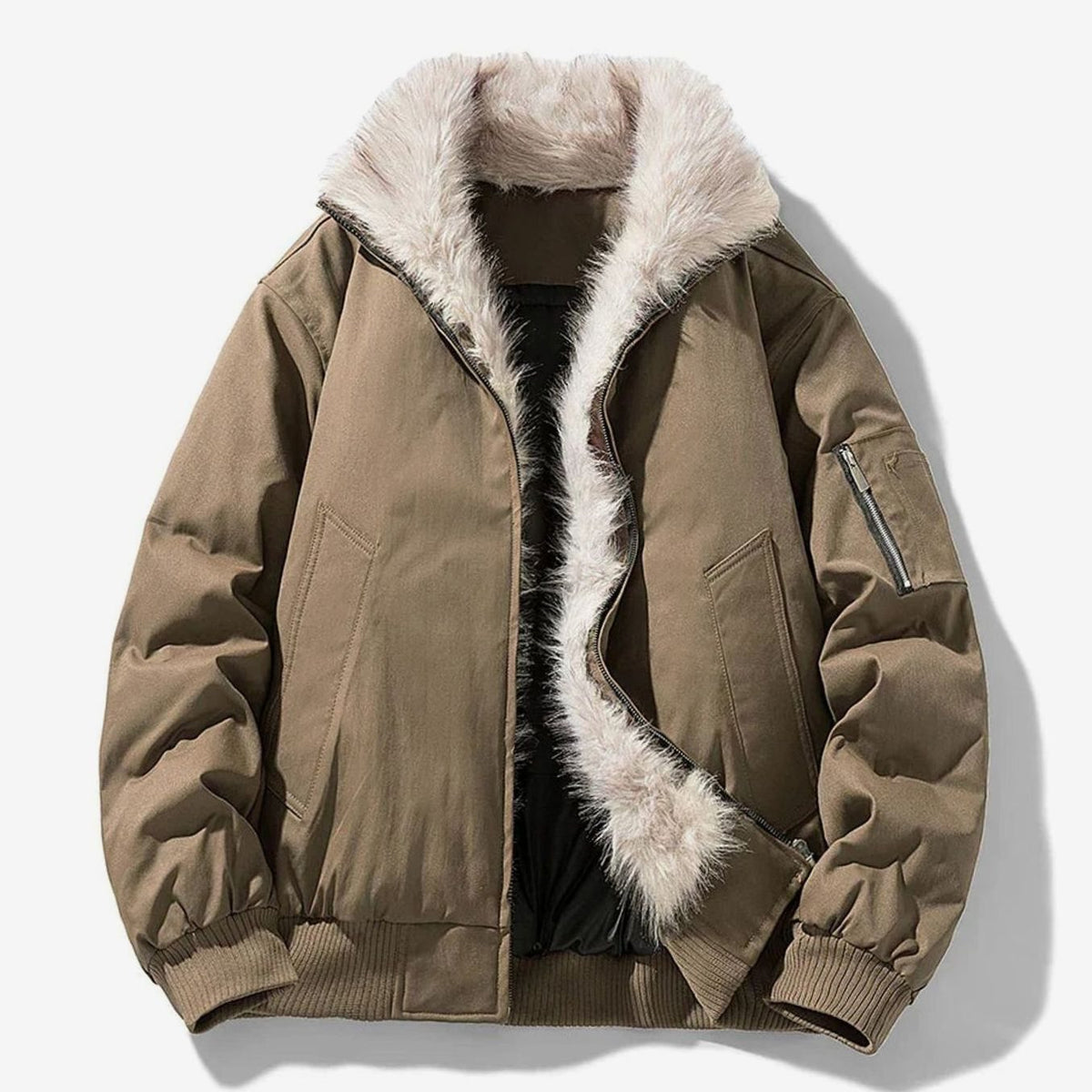 Men's Faux Fur Lined Bomber Winter Jacket - Brown