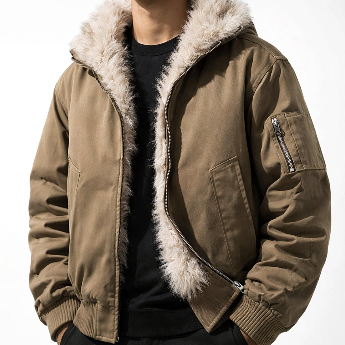 Men's Faux Fur Lined Bomber Winter Jacket