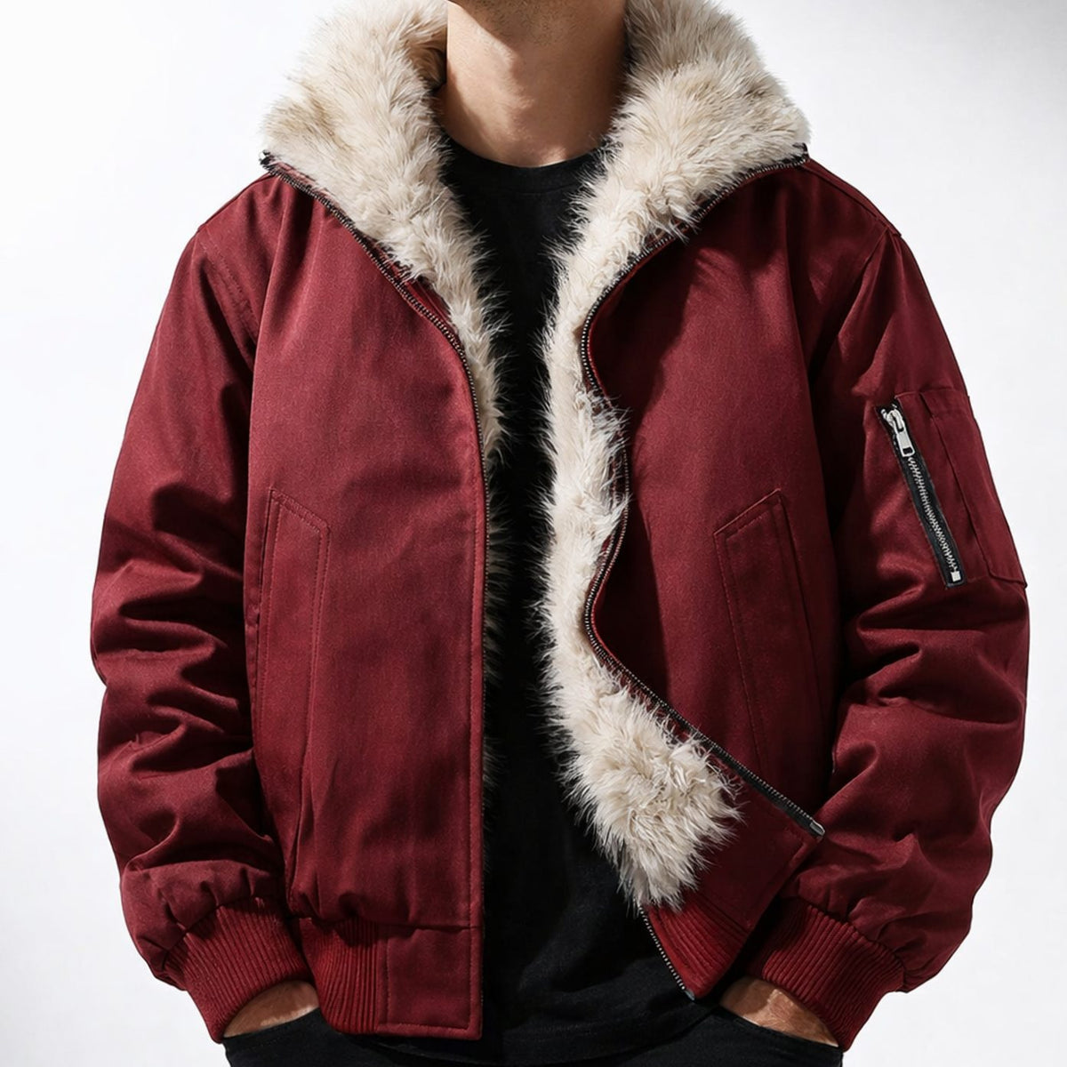 Men's Faux Fur Lined Bomber Winter Jacket