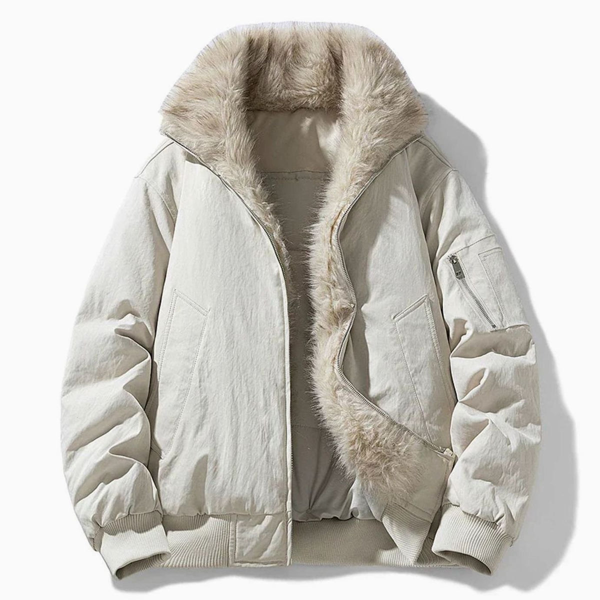Men's Faux Fur Lined Bomber Winter Jacket - Beige