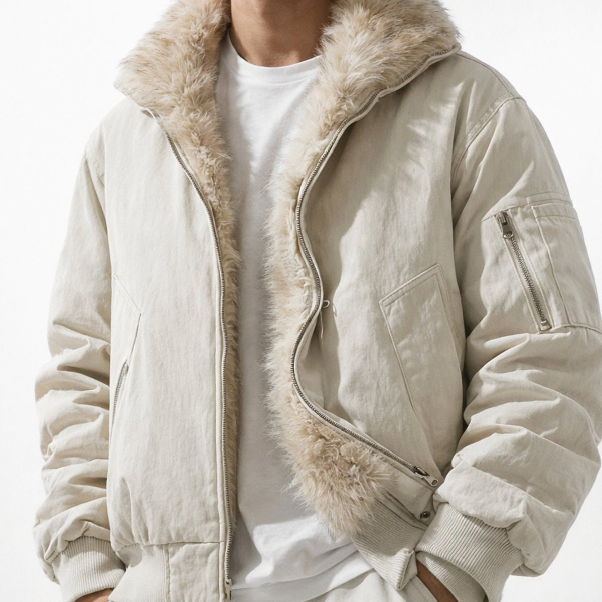 Men's Faux Fur Lined Bomber Winter Jacket