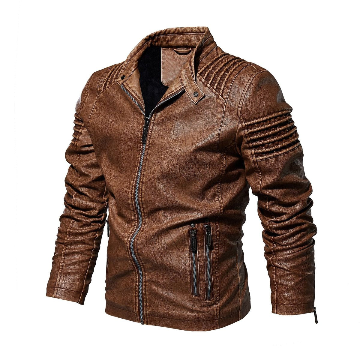 Men's Faux Leather Biker Jacket Structured Shoulder Zip