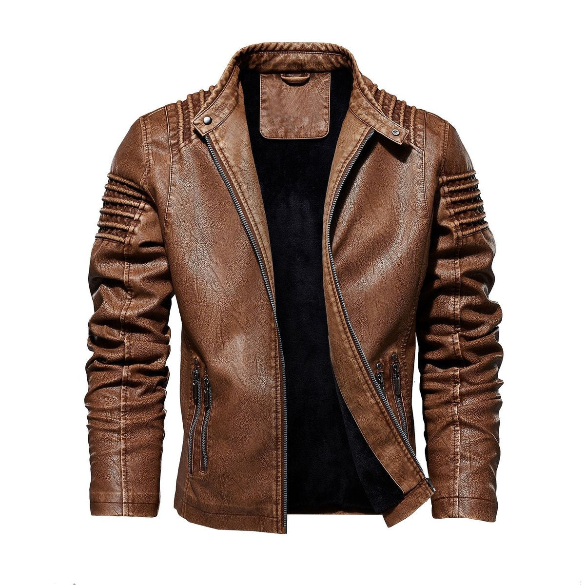 Men's Faux Leather Biker Jacket Structured Shoulder Zip