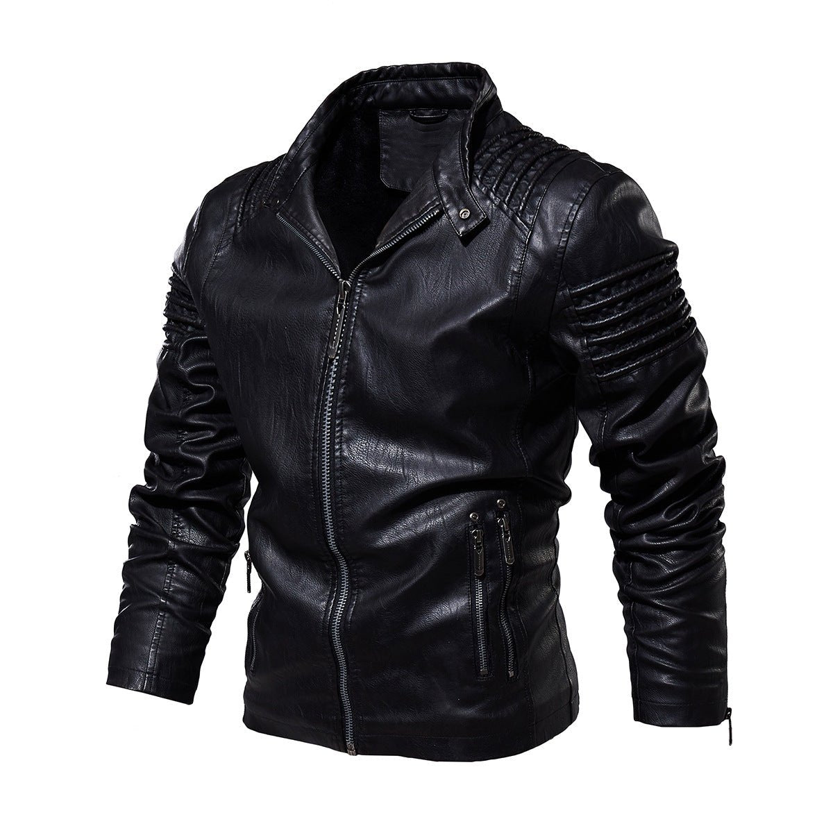 Men's Faux Leather Biker Jacket Structured Shoulder Zip - Black