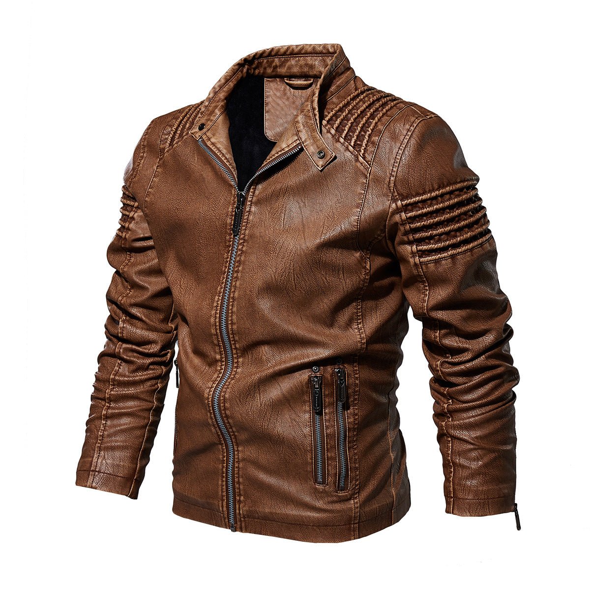 Men's Faux Leather Biker Jacket Structured Shoulder Zip - Khaki