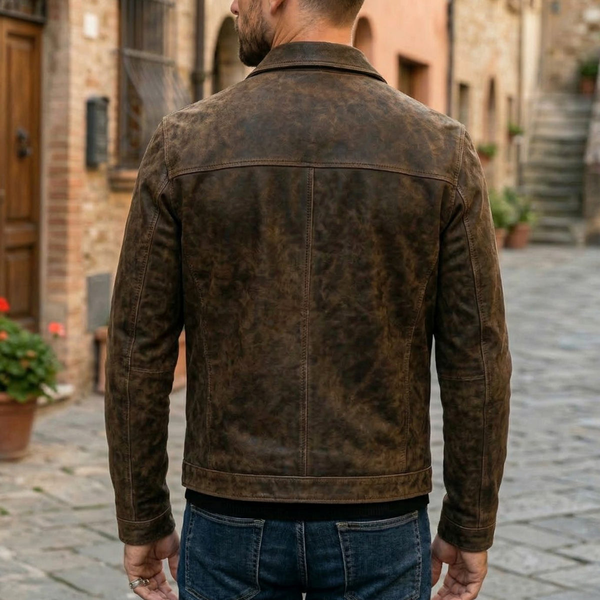Men's Fitted Distressed Leather Coats Jackets Full-Zip Collar