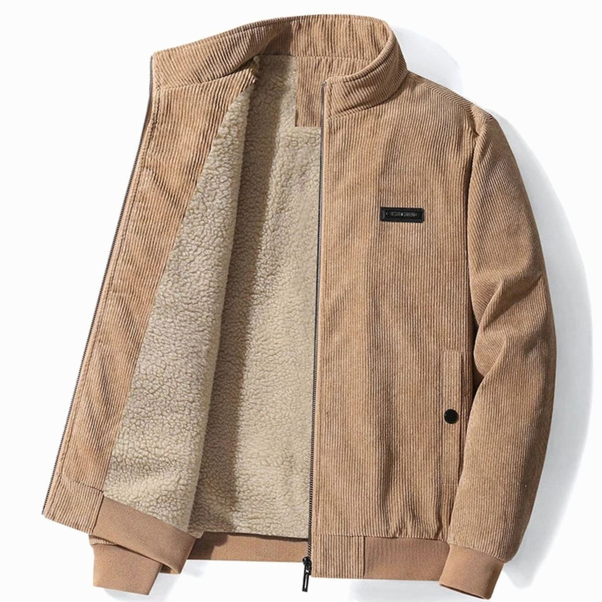Men's Fleece-Lined Corduroy Zip-Up Bomber Jacket - Khaki