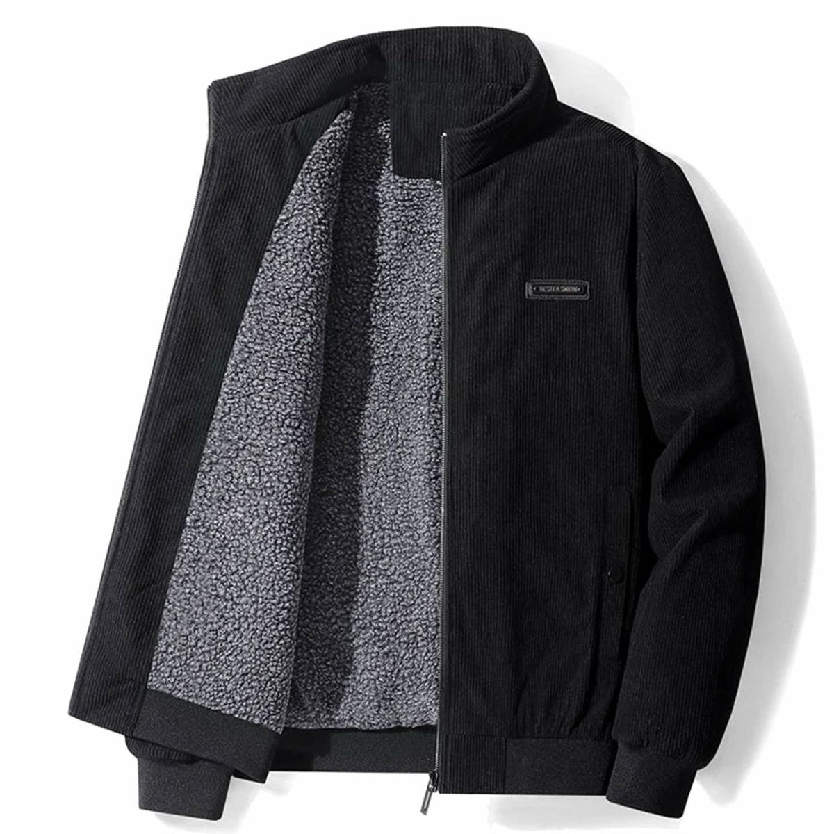 Men's Fleece-Lined Corduroy Zip-Up Bomber Jacket - Black