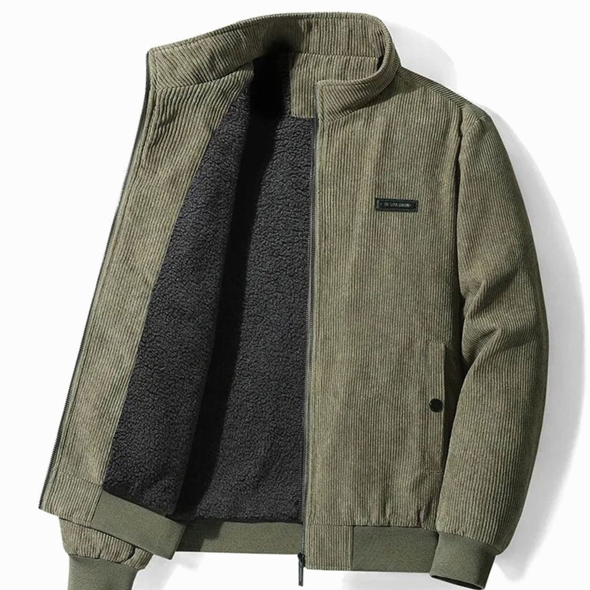 Men's Fleece-Lined Corduroy Zip-Up Bomber Jacket - Olive Green