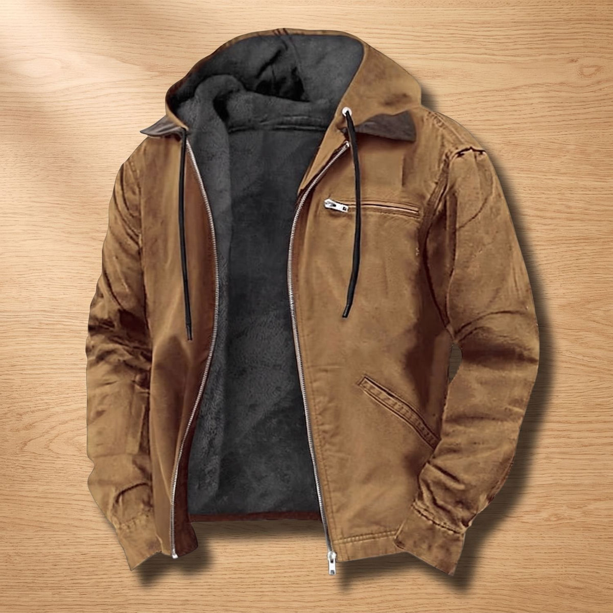 Men's Fleece-Lined Hooded Canvas Winter Jacket - Brown