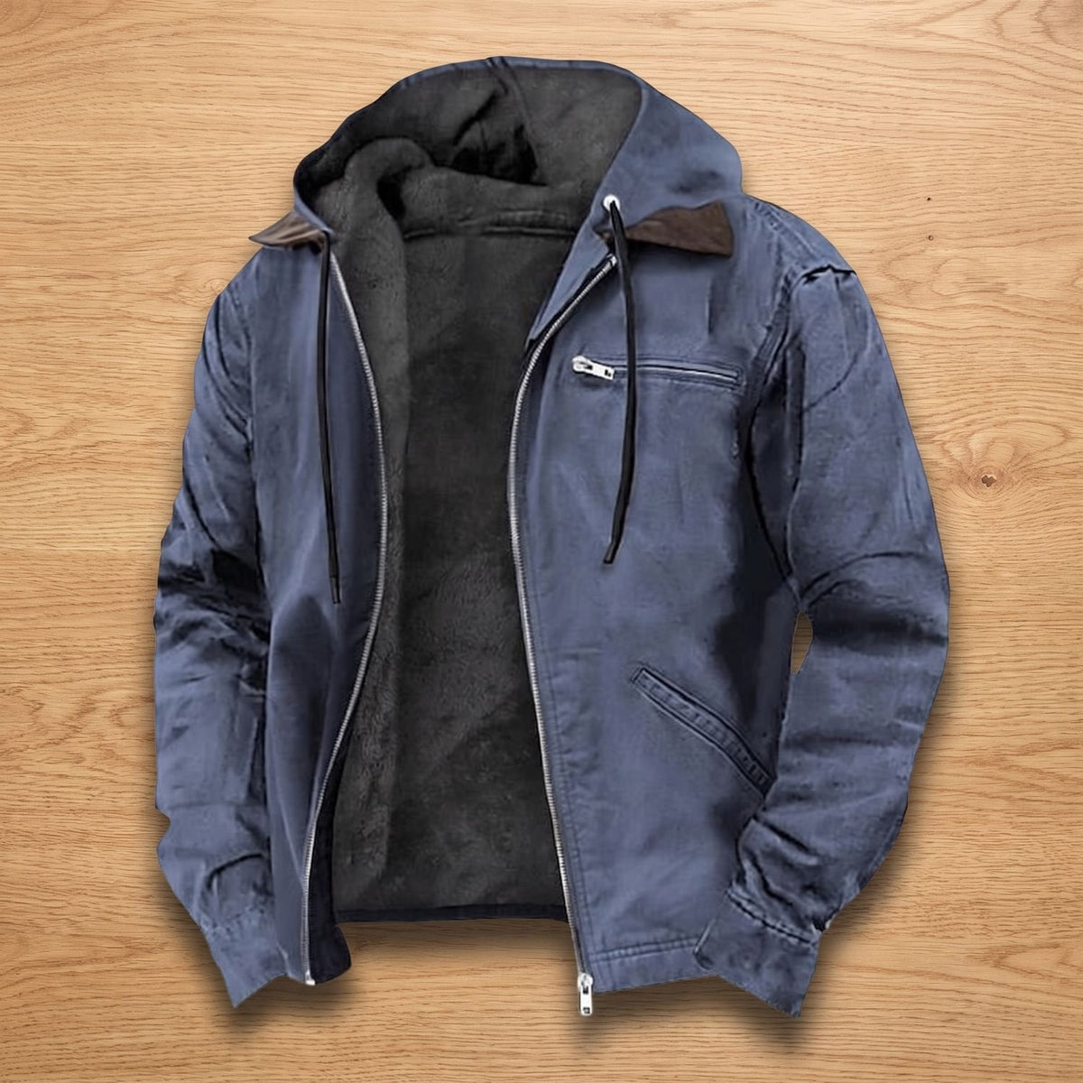 Men's Fleece-Lined Hooded Canvas Winter Jacket - Blue