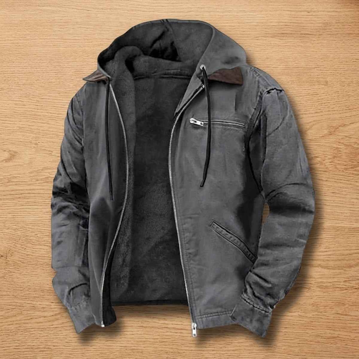 Men's Fleece-Lined Hooded Canvas Winter Jacket - Gray