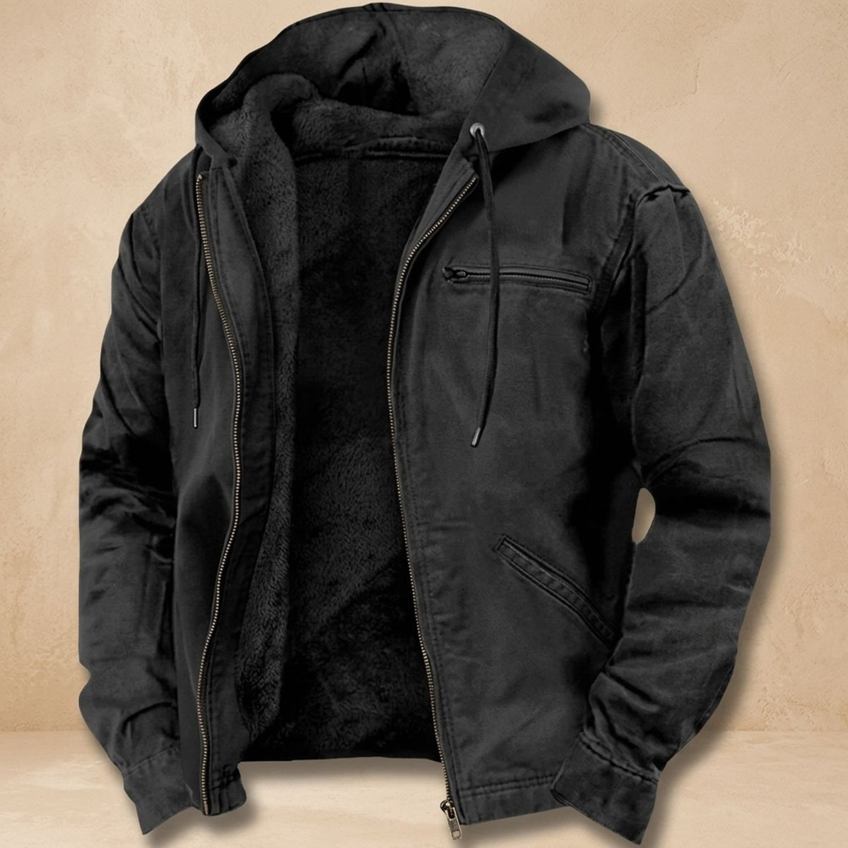 Men's Fleece-Lined Hooded Canvas Winter Jacket - Black