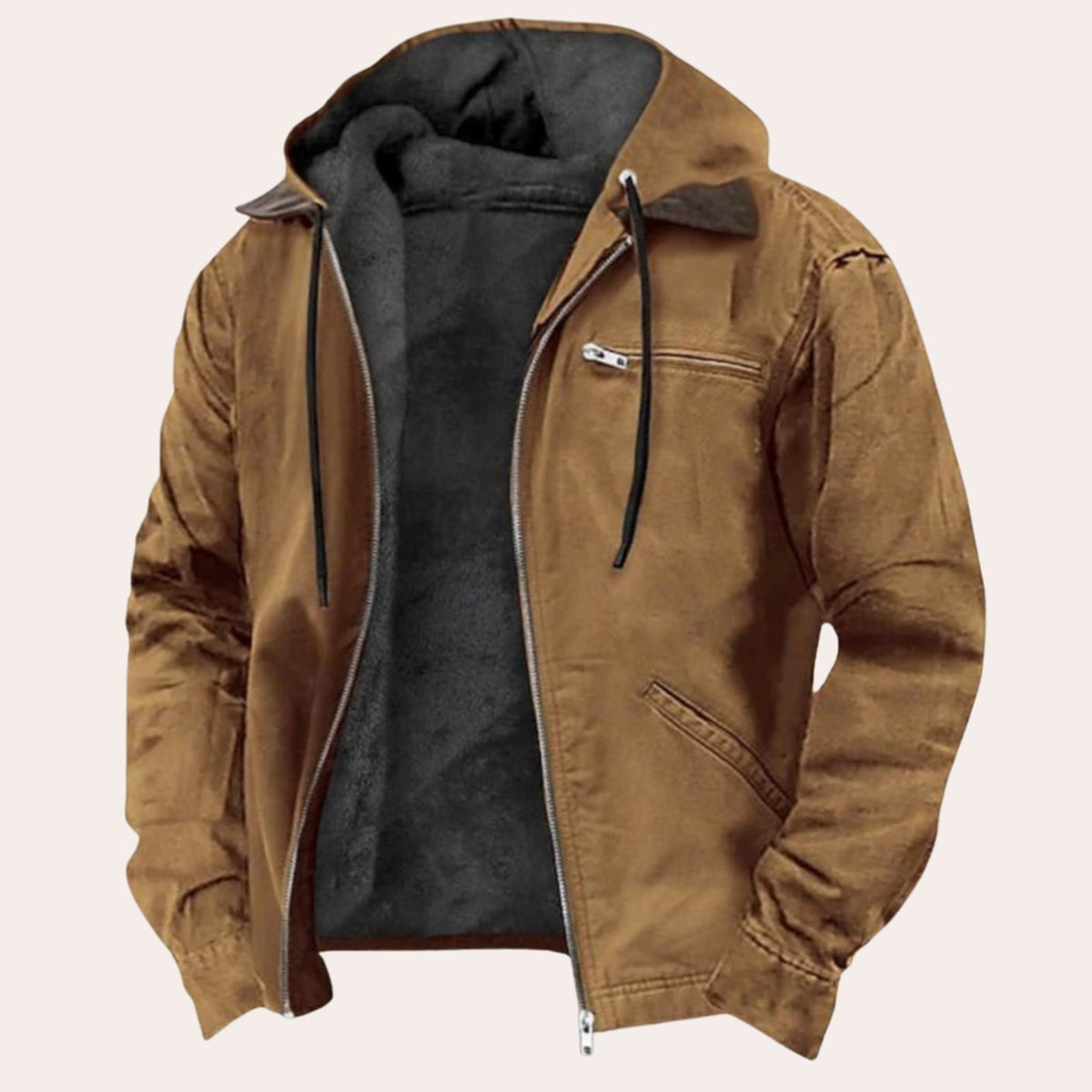 Men's Fleece-Lined Hooded Cotton-Blend Zip-Up Jacket - Brown
